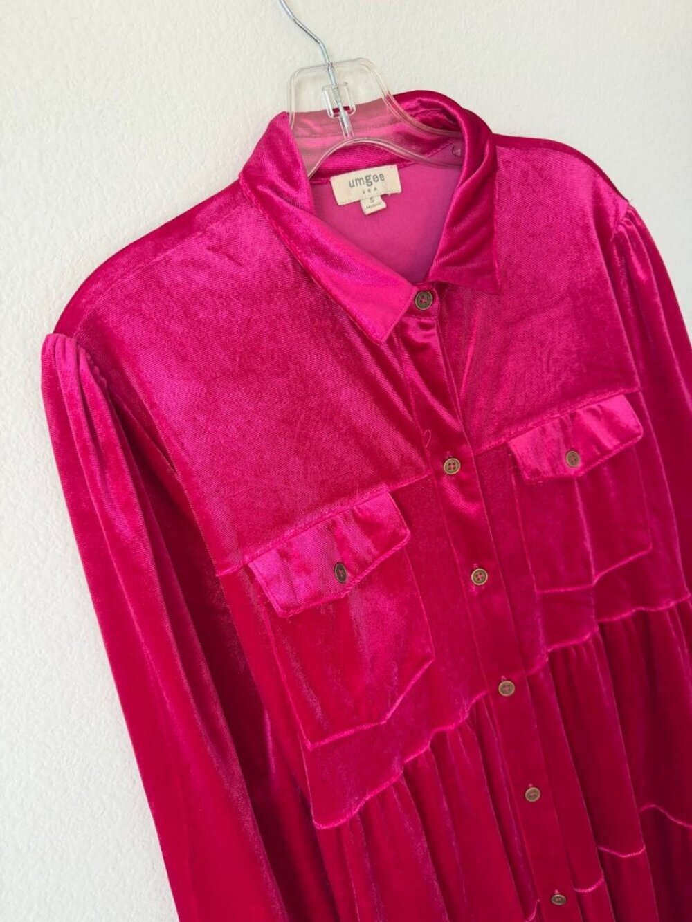 UMGEE Long Sleeve Button Front Tiered Pink Velour Mini Dress Women's Size S - Picture 5 of 10